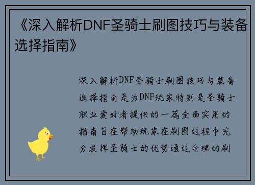 《深入解析DNF圣骑士刷图技巧与装备选择指南》