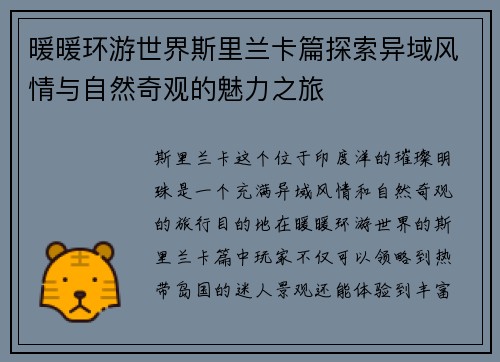 暖暖环游世界斯里兰卡篇探索异域风情与自然奇观的魅力之旅
