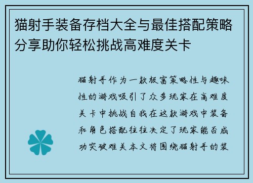猫射手装备存档大全与最佳搭配策略分享助你轻松挑战高难度关卡